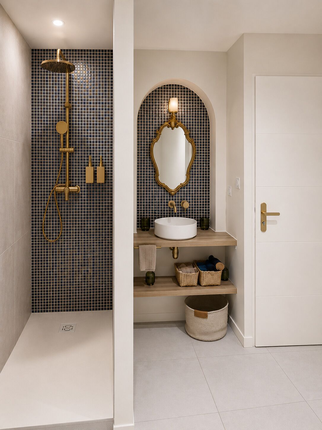 Een badkamer met douche, wastafel, spiegel en deur.