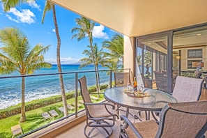 Outdoor dining - Mahana 311 Direct Oceanfront Spacious 2-bedroom condo sleeps 6. (Lahaina)