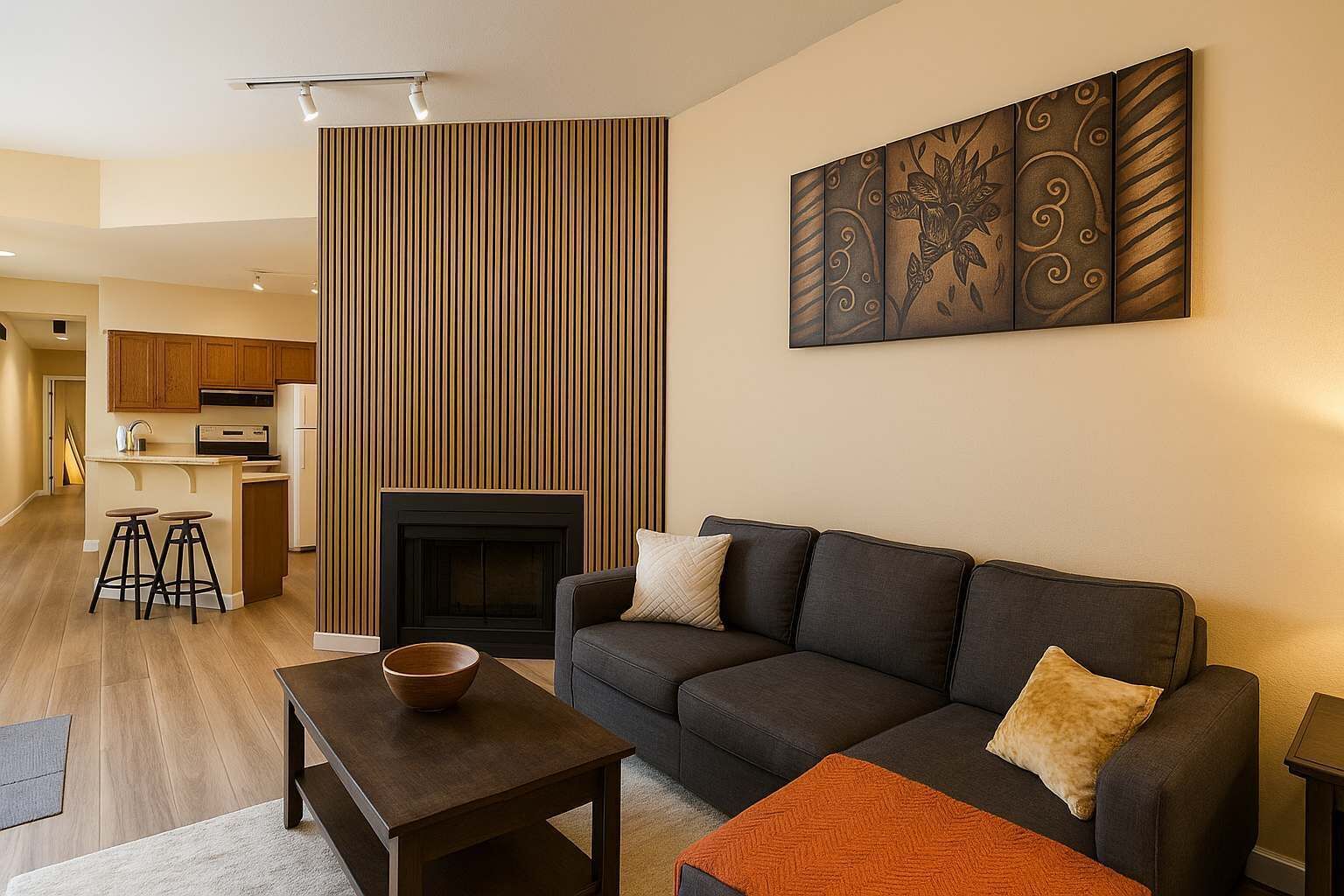 Televisión, chimenea y oficina 