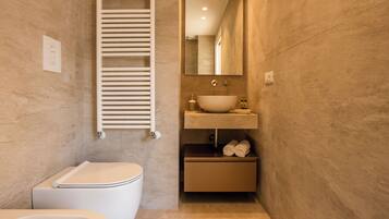 Hair dryer, towels, toilet paper