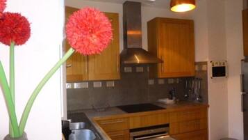 Fridge, dishwasher, coffee/tea maker, cookware/dishes/utensils