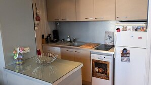 A compact kitchen with a dishwasher, a sink, and a refrigerator. - Three-room Apartment for 6/7 People With a Breathtaking View Facing South (Orcieres)
