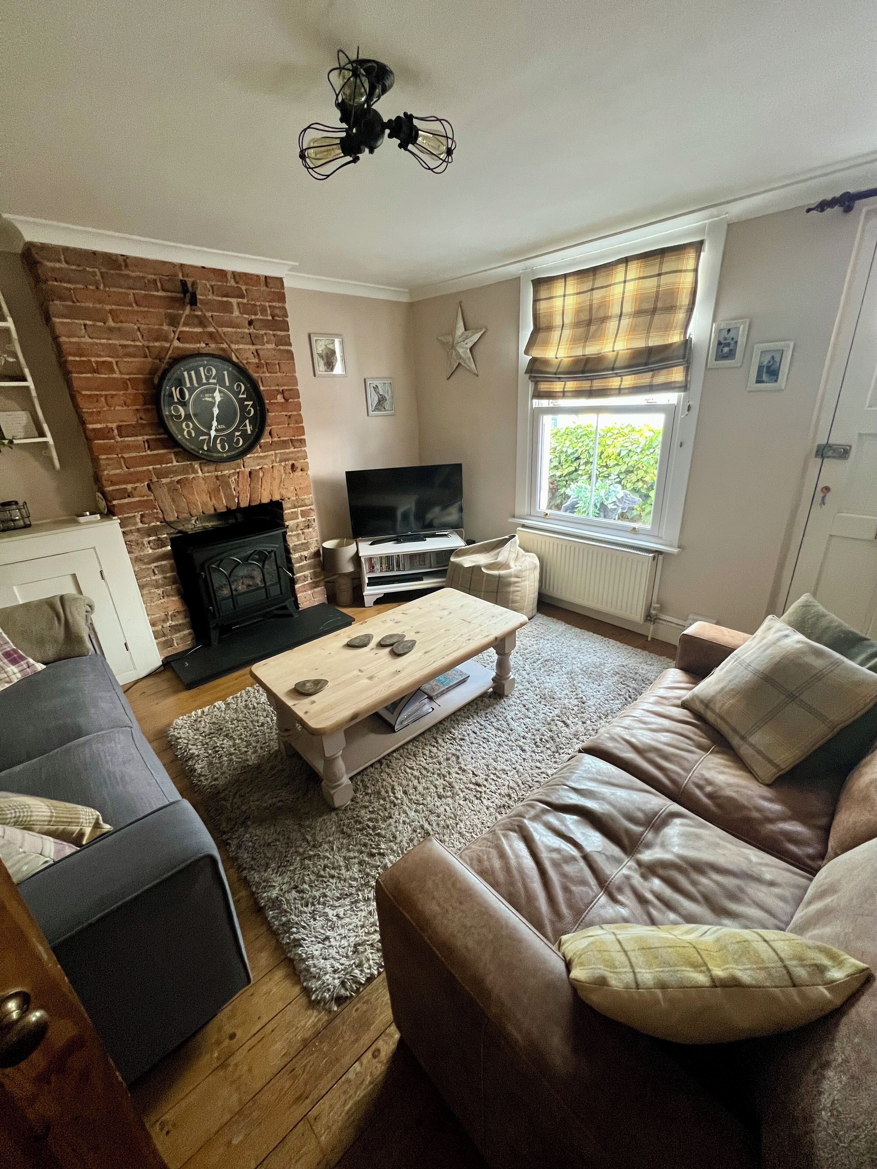 Smart TV, fireplace, DVD player, books