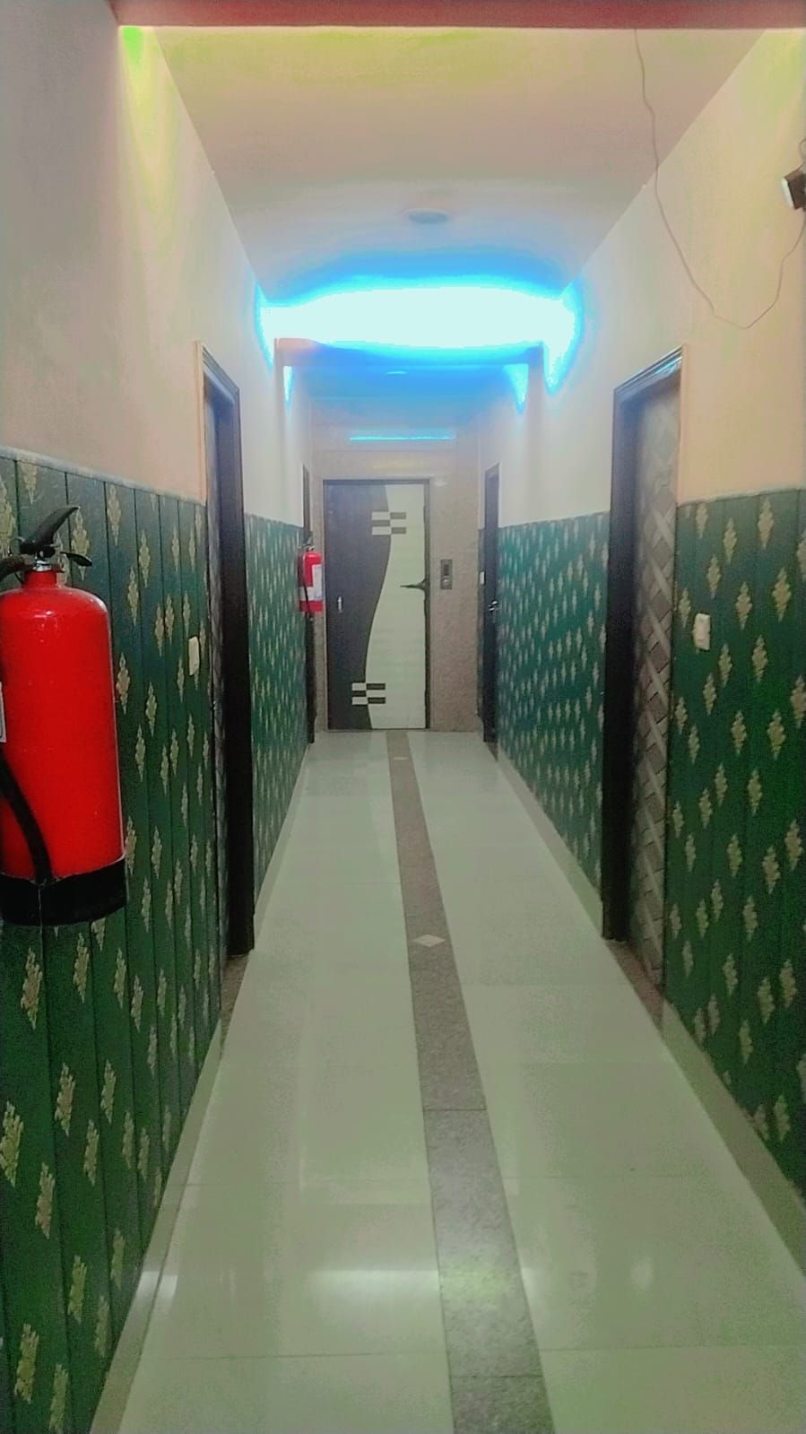 A hallway with patterned walls, a fire extinguisher, and a door at the end.