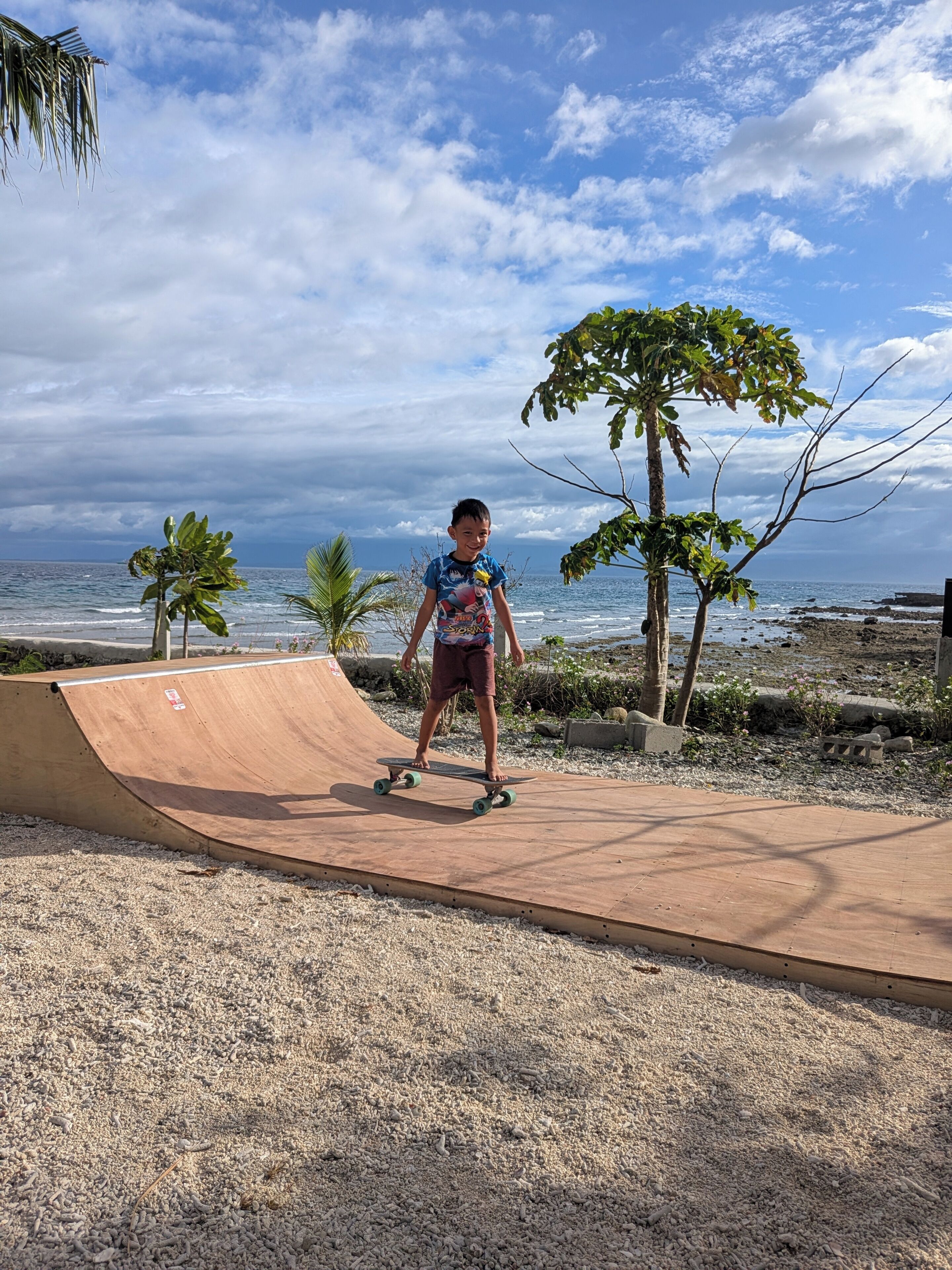 Una persona patinando en una rampa de madera cerca de una playa con palmeras y el océano al fondo.