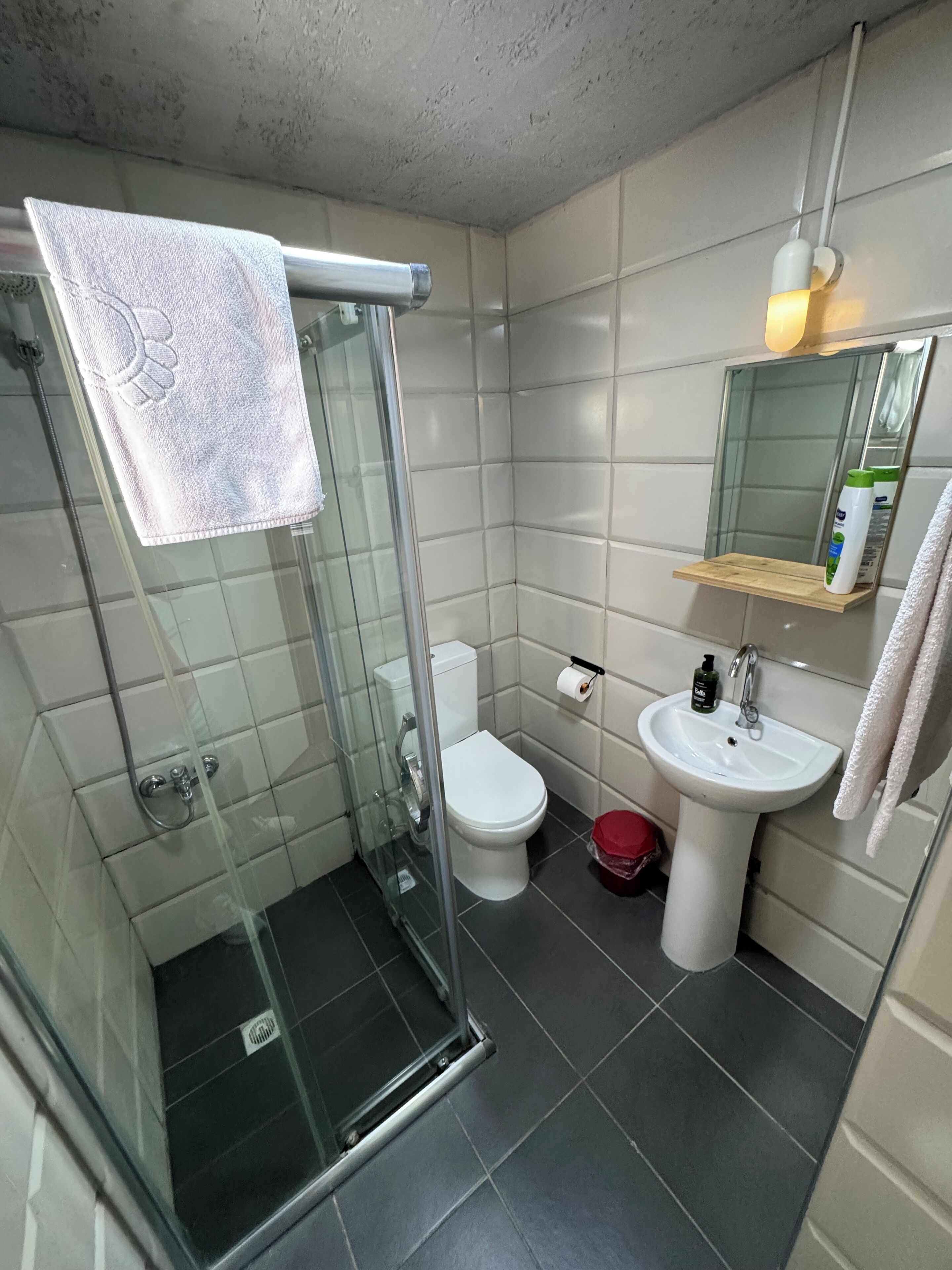Douche, sèche-cheveux, serviettes fournies, savon