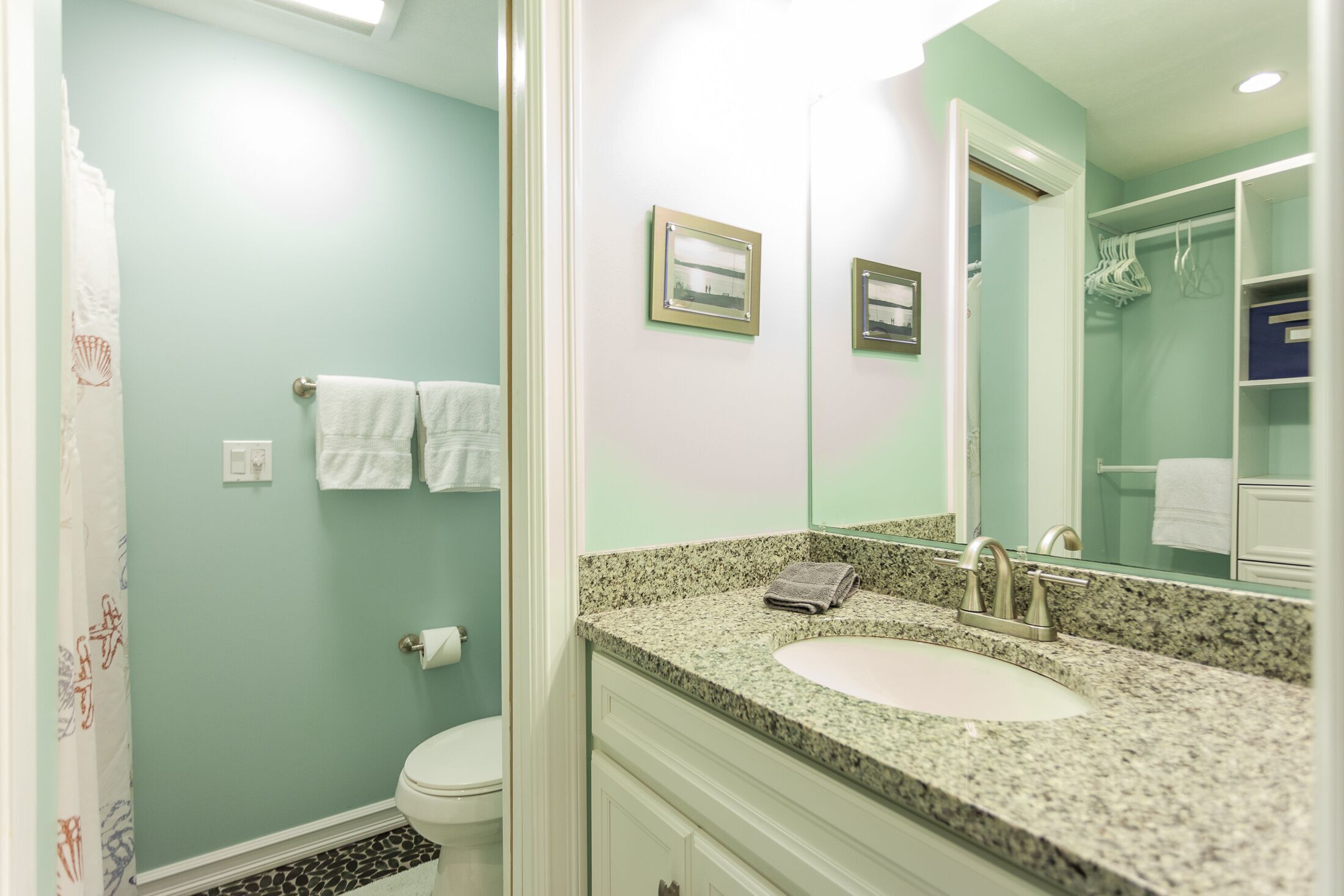 Hair dryer, towels, soap, toilet paper