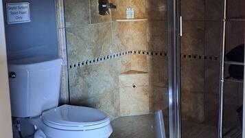 Douche, sĂšche-cheveux, serviettes fournies, savon