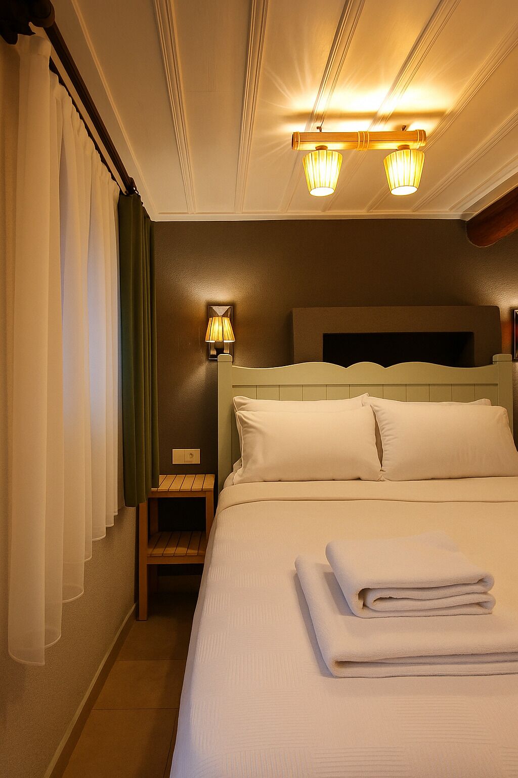 A neatly made bed with a folded towel, a bedside lamp, and a headboard.