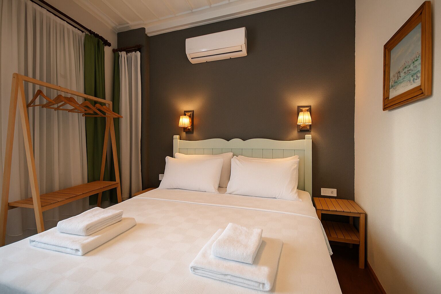 A neatly made bed with two pillows and two folded towels, a wooden hanger, a wall-mounted air conditioner, and a bedside table with a lamp.