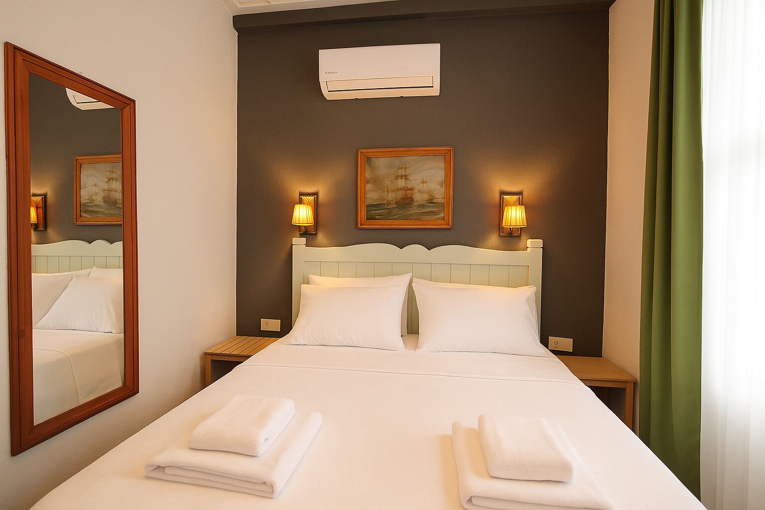 Camera d'albergo con un letto grande, due lampade ai comodini, un condizionatore d'aria a muro e uno specchio.