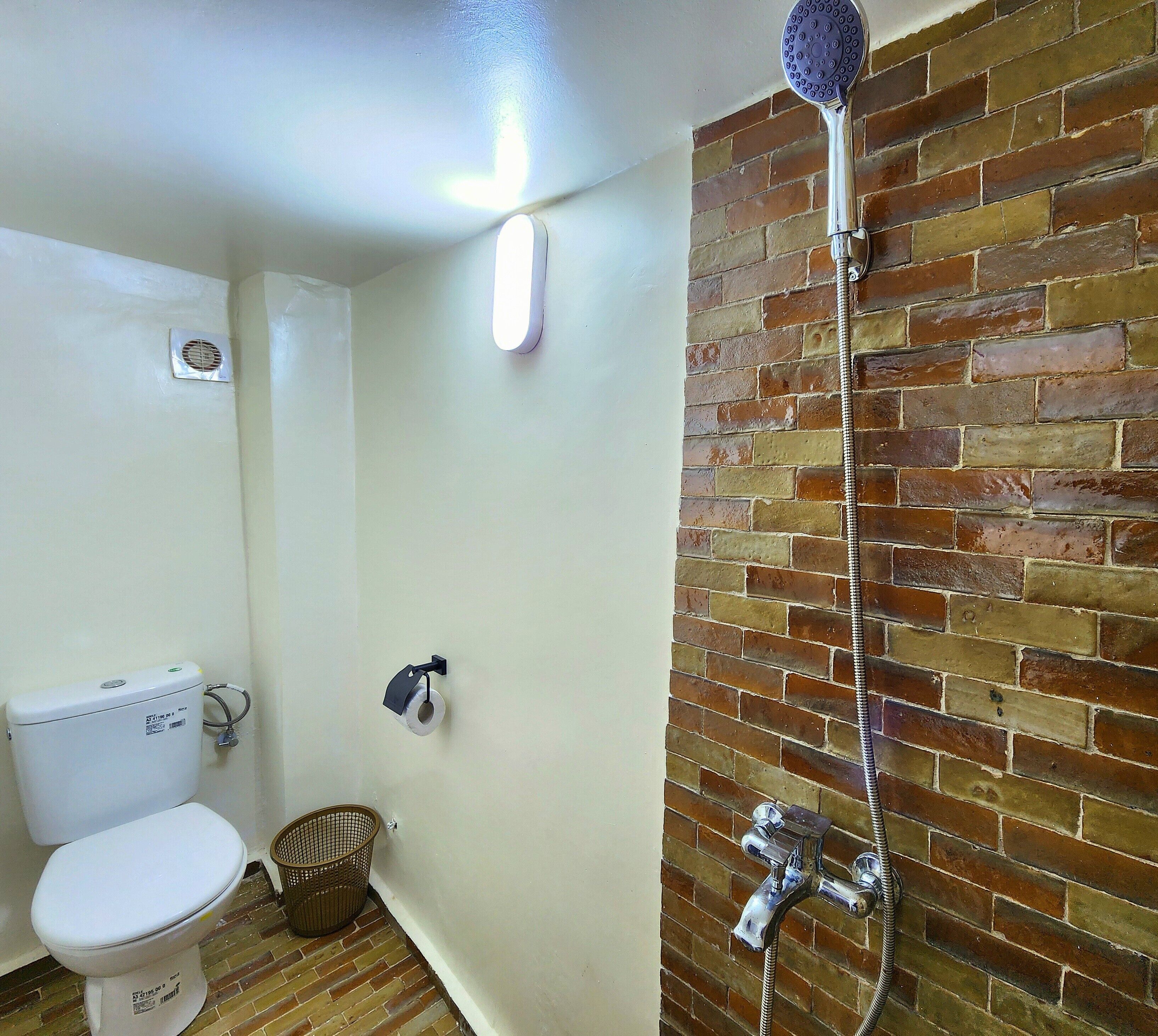 A bathroom with a toilet, a shower, and a brick wall.