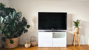 A living room with a flat-screen TV on a white cabinet, a large green plant, and a small stool.