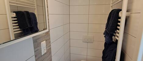 Shower, towels, soap, toilet paper