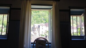 Una habitación con dos ventanas, cada una con vistas a un área boscosa y edificios.