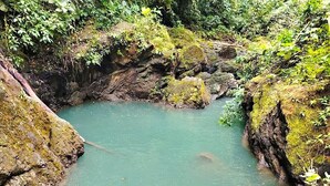 A natural water body surrounded by rocky terrain and dense vegetation. - Corcovado Pura Vida Stays (Puerto Jiménez)