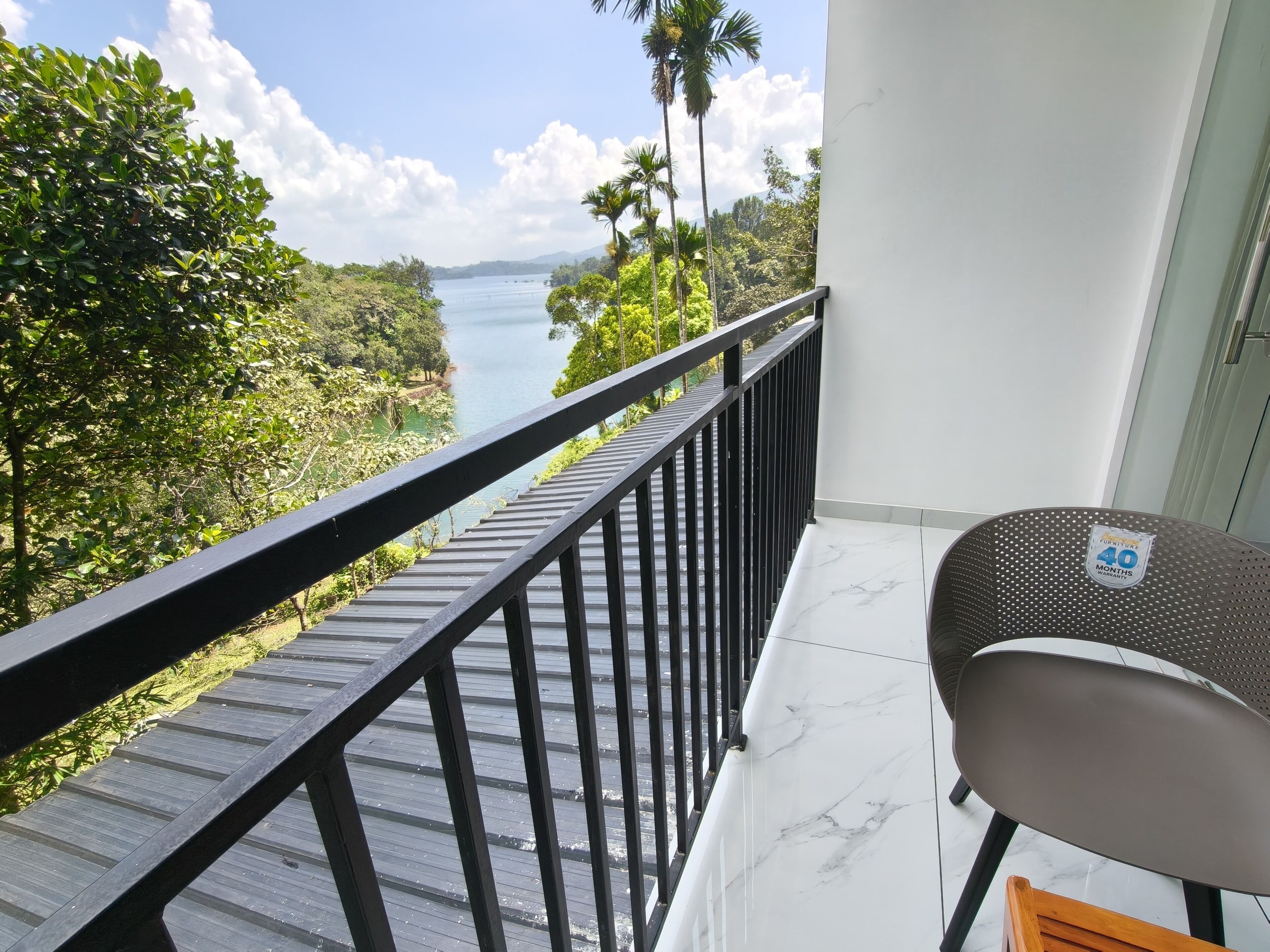 A balcony with a view of a lake, surrounded by greenery and palm trees.