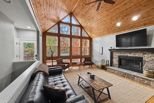 Smart TV, caminetto, tavolo da calcetto, libri