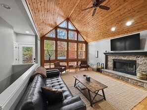 A-Frame ceiling, couch, tv, and fireplace - Private A-Frame Near Harpers Ferry - Sauna, Fire Pit, 3BR/3BA, Pet-Friendly (Harpers Ferry)