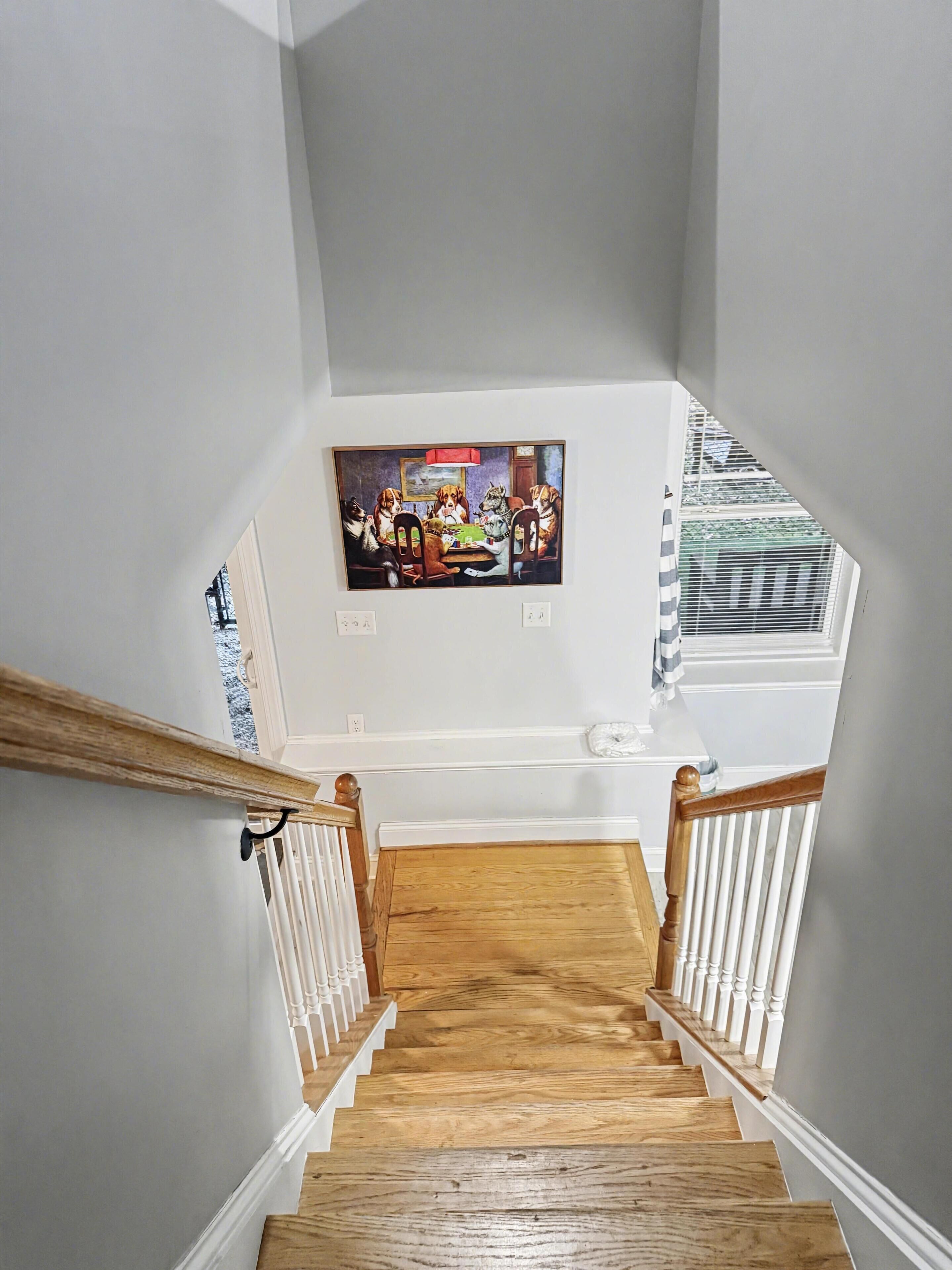 Un escalier avec des marches en bois et des rampes blanches, menant à une pièce où est accrochée une peinture représentant des chiens.