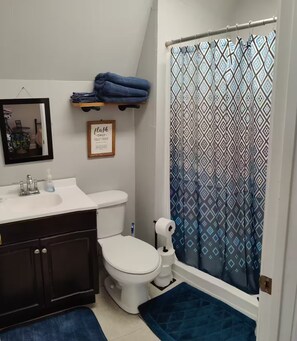 Hair dryer, towels, soap, toilet paper