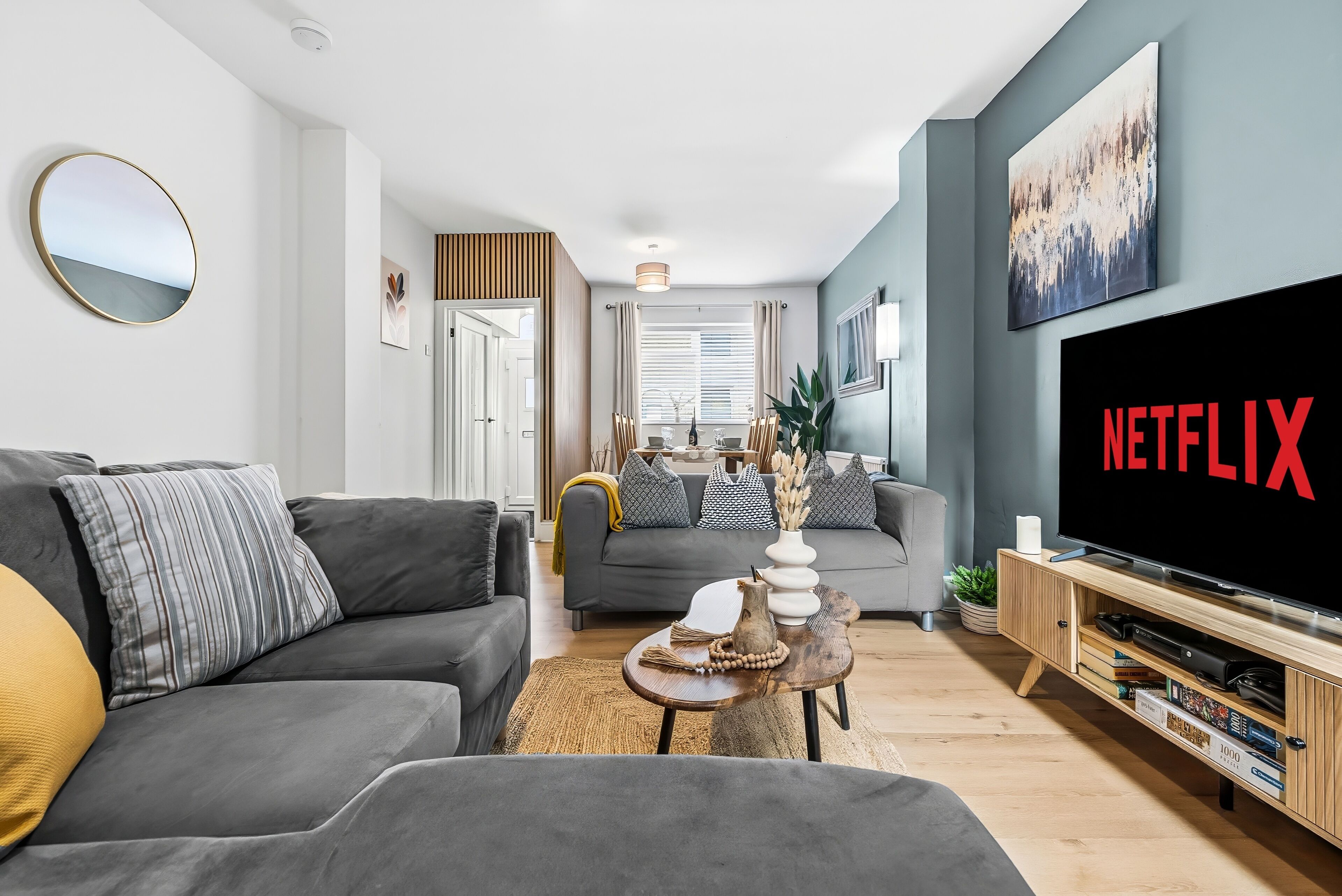 TV, books, video library, stereo