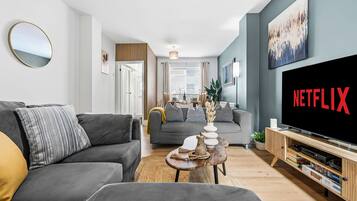 TV, books, video library, stereo