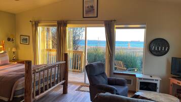 Smart TV, fireplace, books