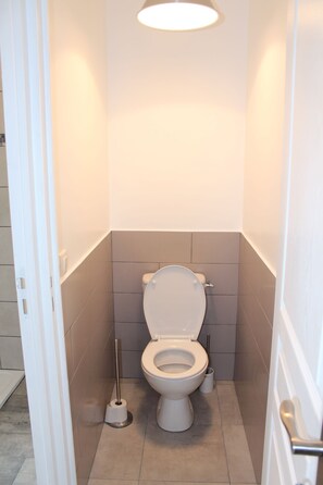 Shower, towels, soap, toilet paper