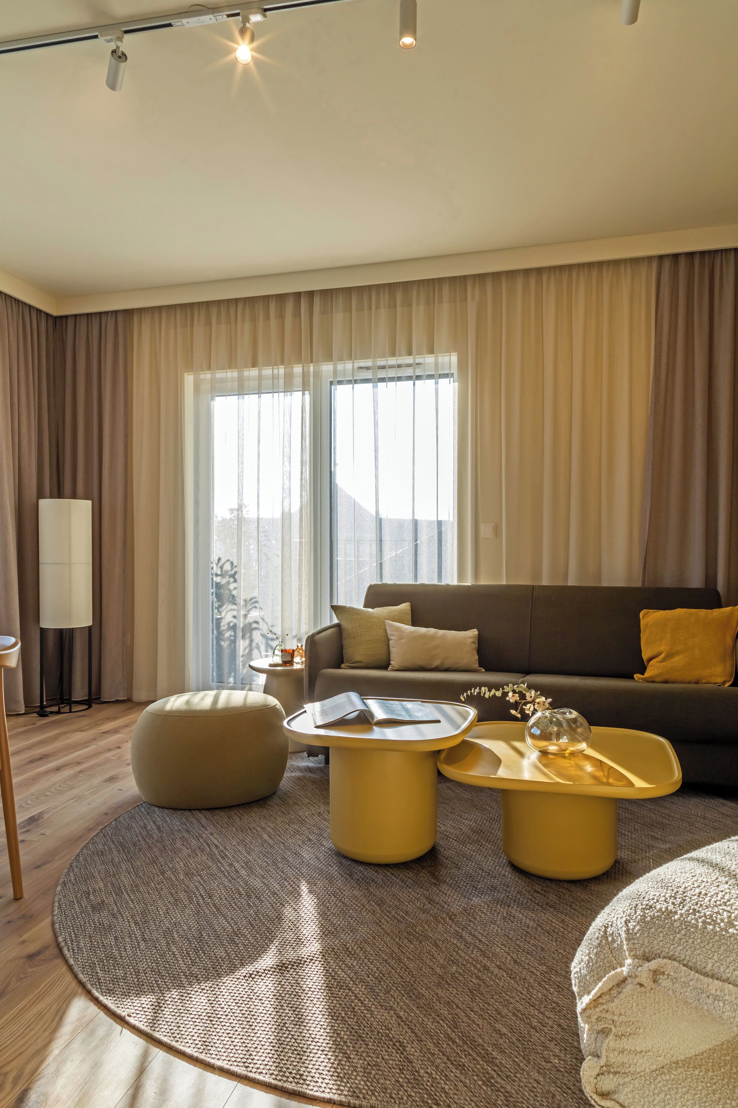 A modern living room with a sofa, ottoman, and coffee table, a lamp, and a view through large windows.