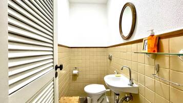 Chuveiro, toalhas de banho, sabonete, papel higiênico