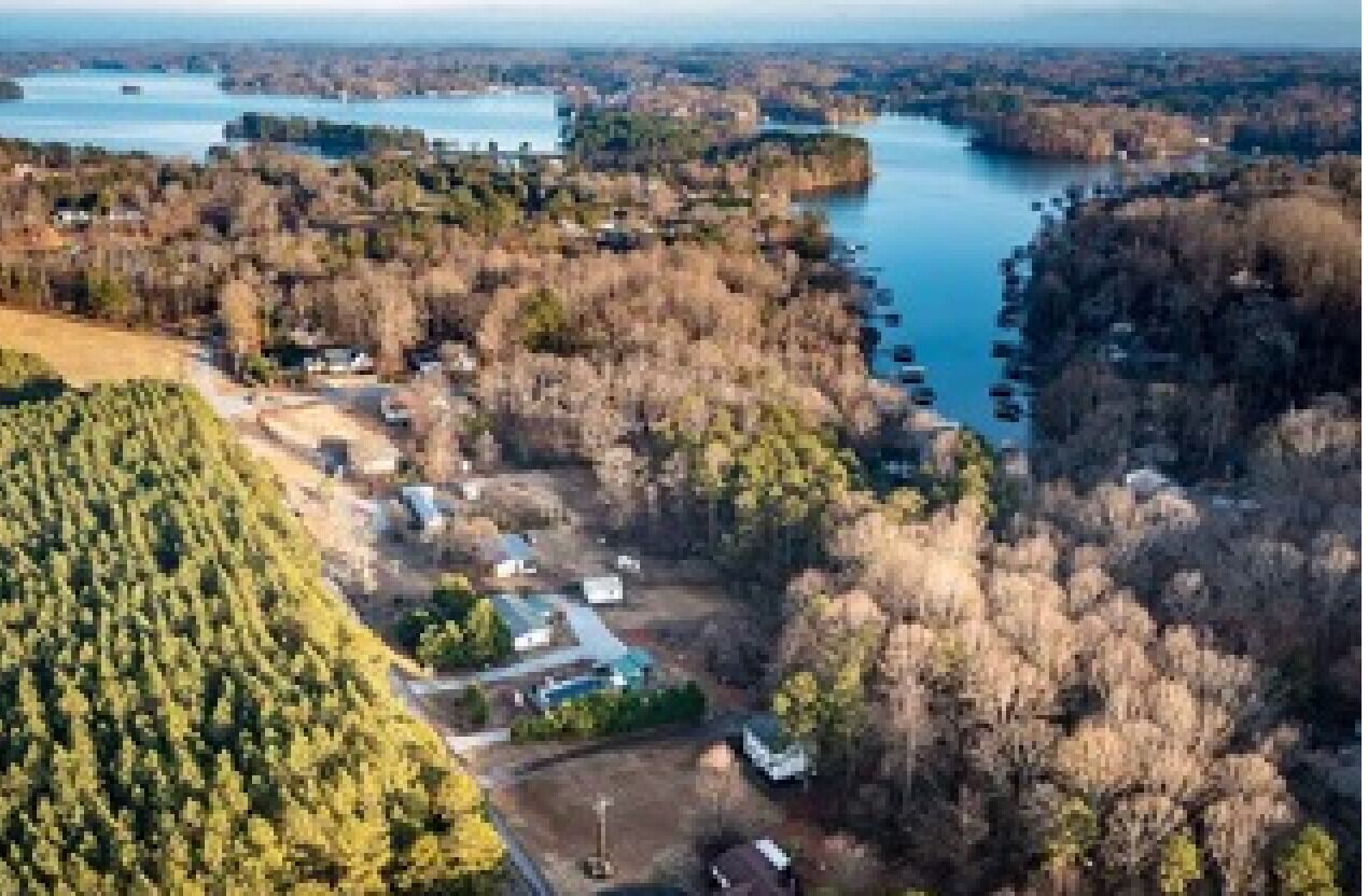 Vue aérienne d’une propriété au bord d’un lac, entourée d’une forêt dense, avec une jetée et plusieurs bâtiments.