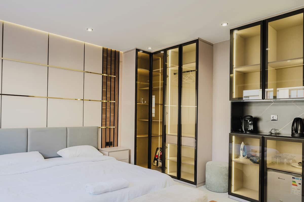 A modern bedroom with a large bed, a wooden side table, a walk-in closet, and built-in shelves.