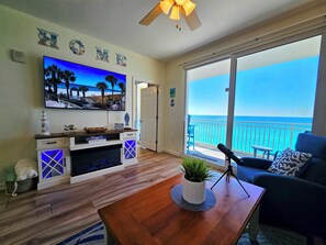 Smart TV, fireplace, books