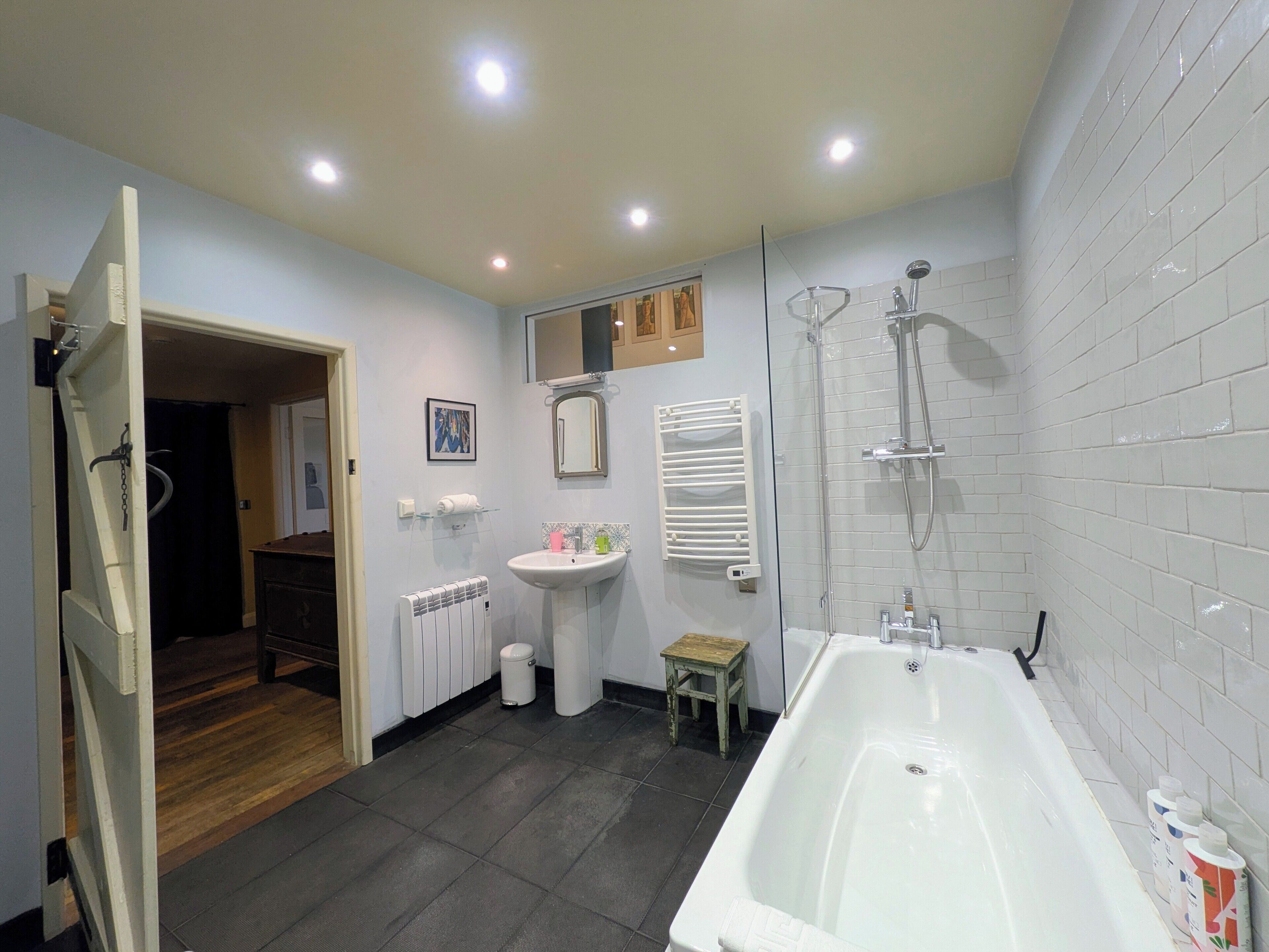 Eco-friendly toiletries, hair dryer, towels, soap