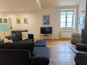 Smart TV, fireplace, DVD player, books
