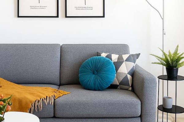 Scandi-style sofa with vibrant pillows adds a pop of color to your cozy studio.