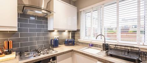 Fridge, oven, stovetop, electric kettle