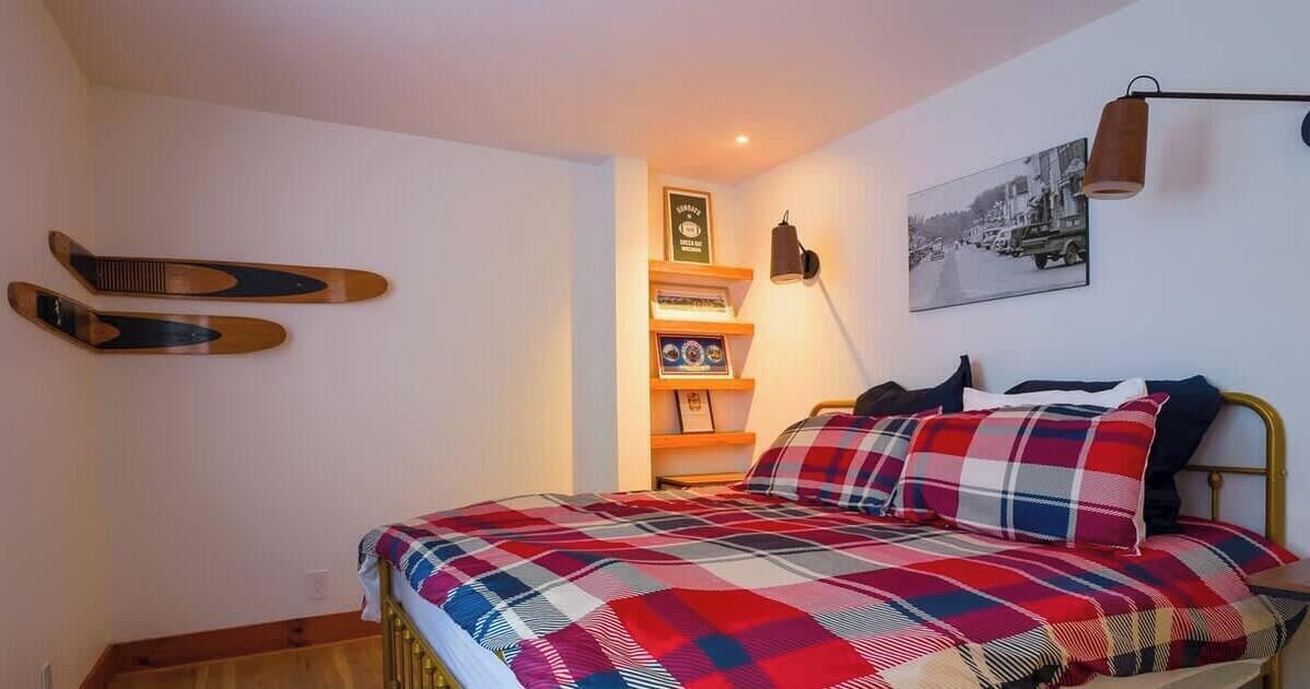 Une chambre à coucher avec un lit, une étagère remplie de livres, un tableau encadré et une paire de skis accrochés au mur.