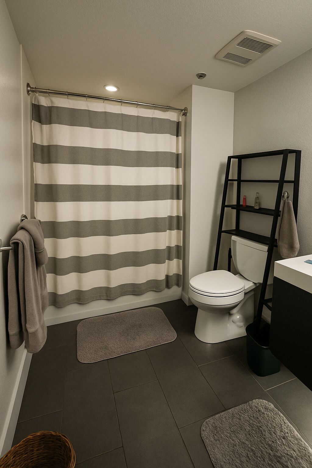 Ein Badezimmer mit gestreiftem Duschvorhang, Toilette, Ablage für Toilettenartikel und Handtuchhalter.