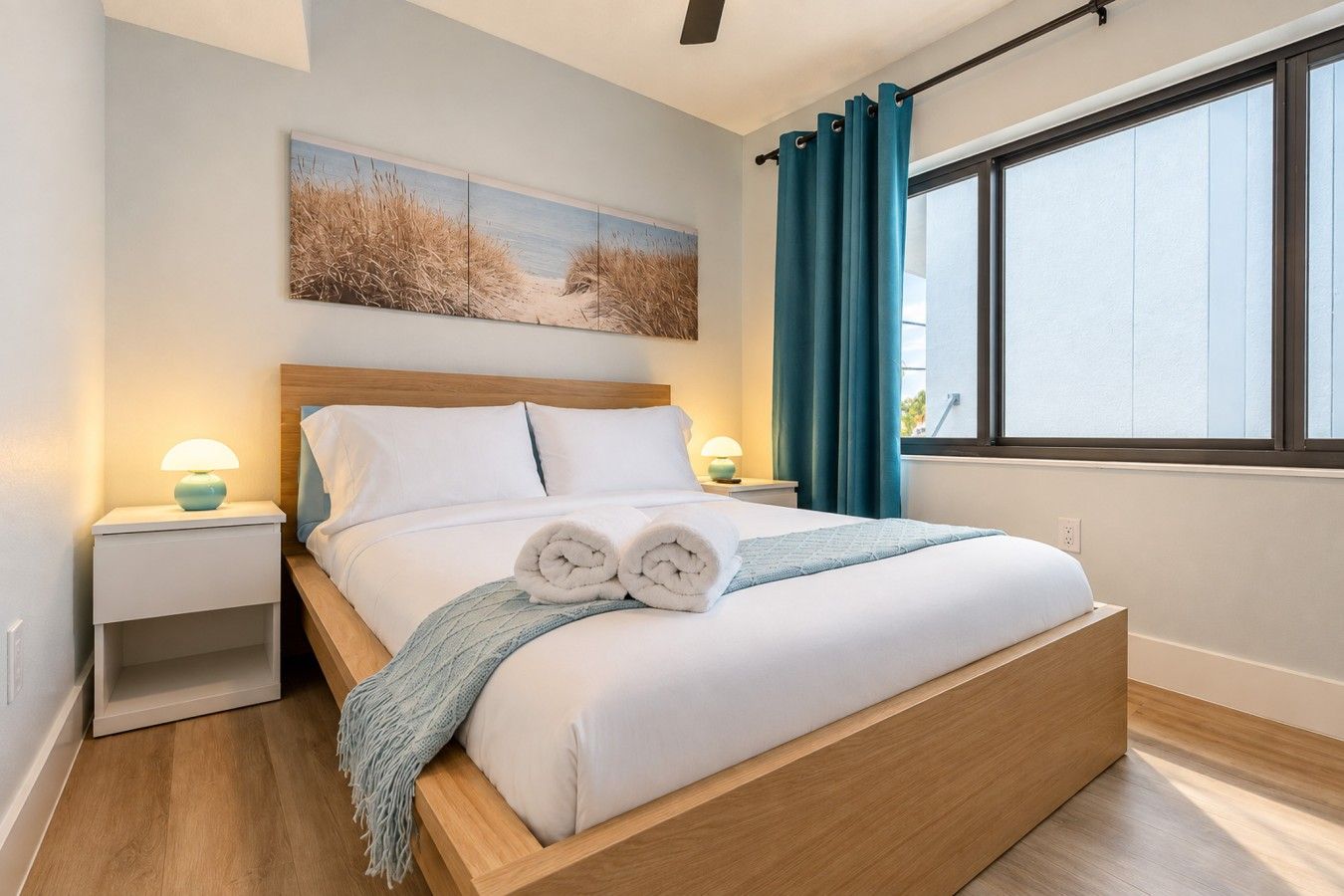 Una cama bien tendida con sábanas blancas y toallas enrolladas, un cabecero de madera, una mesita de noche con una lámpara y un cuadro con una escena de playa en la pared.