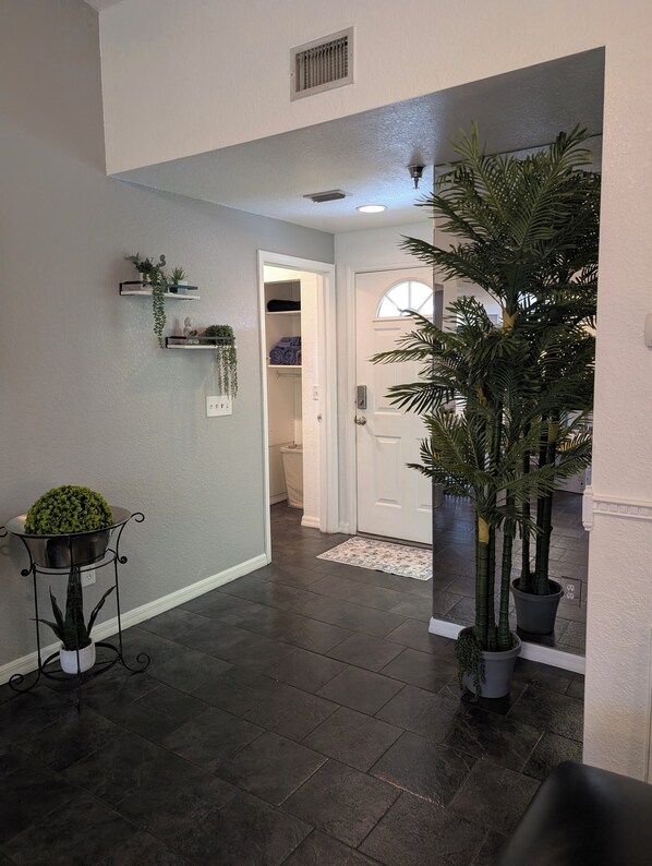 A hallway with dark tiled flooring, a white door, and potted plants.