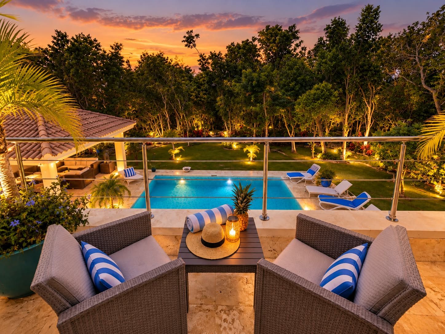 An outdoor pool area with lounge chairs, a table with a hat and pineapple, and a view of the pool at sunset.