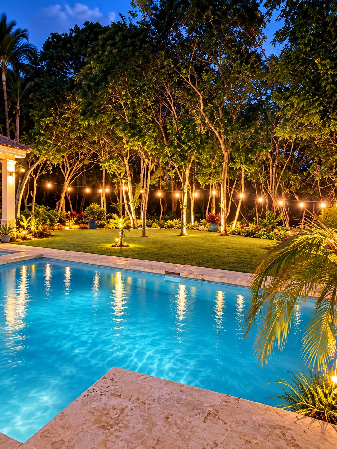 Ein Schwimmbecken, umgeben von einem gepflegten Garten mit Bäumen und Lichterketten.