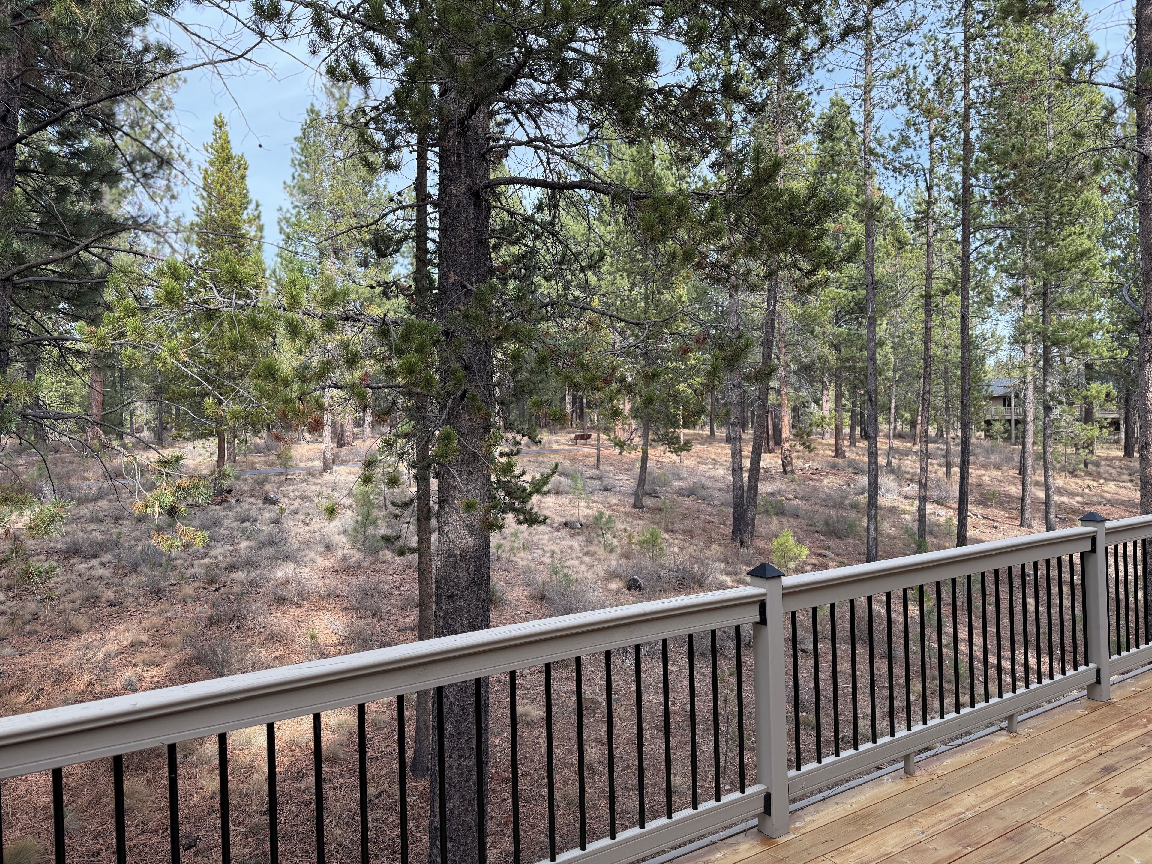 Une terrasse en bois dotée d’une balustrade, qui offre une vue sur une zone boisée parsemée de pins.