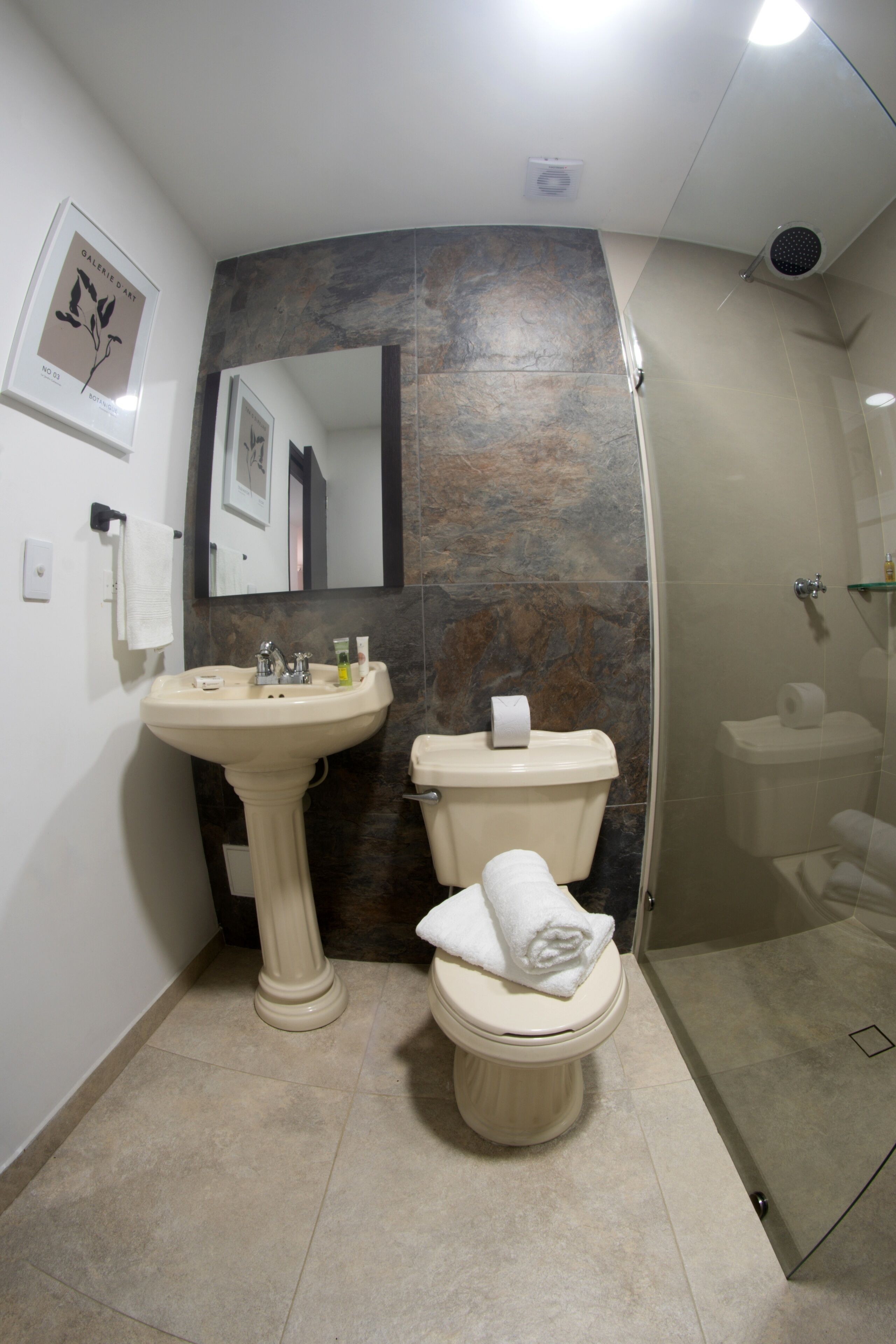 Un bagno con un lavabo su piedistallo, un water, uno spazio doccia e uno specchio.