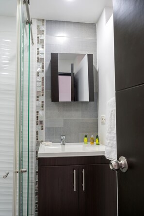 Appartement Affaires, 1 chambre, climatisation, vue sur la ville | Salle de bain | Douche, serviettes fournies, savon, shampooing