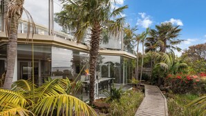 Un edificio moderno con fachada de vidrio curvada, terraza de madera y exuberante vegetación tropical.