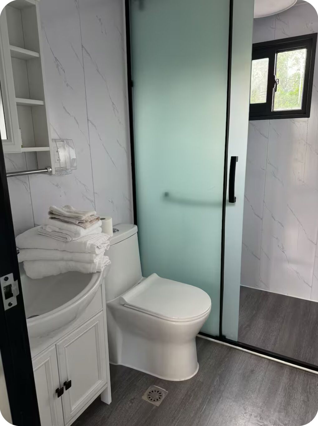 Shower, towels, toilet paper