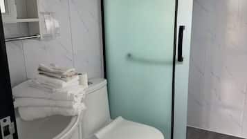 Shower, towels, toilet paper